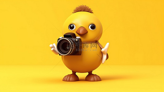 黄色背景上带有现代数码相机的 3D 渲染棕色鸡蛋吉祥物