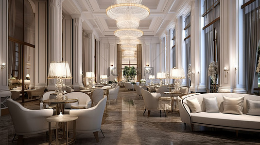 休息区温馨提示背景图片_五星级豪华酒店的优雅休息区以 3D 渲染捕捉到的无可挑剔的室内设计