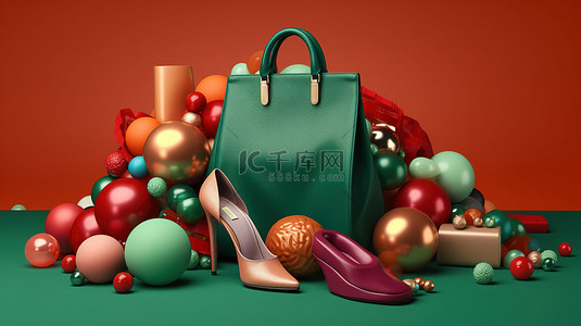 刷脸背景图片_充满活力的绿色场景彩色球环绕袋高跟鞋口红戒指礼品盒和香水 3D 渲染