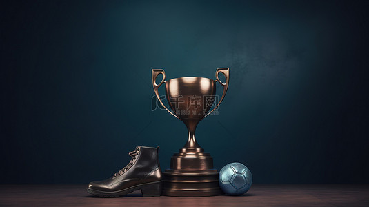 足球蓝色背景图片_蓝色讲台展示 3D 青铜足球奖杯足球奖牌和带复制空间的鞋子