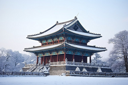 冬天古建筑背景图片_清晨的首尔宝塔
