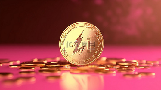 闪闪发光的 3D 金色莱特币加密货币，反射粉红色光芒