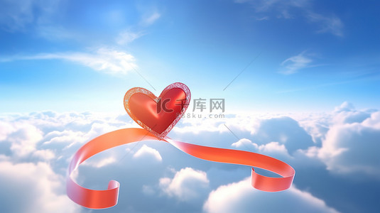 红色飞机通过 3D 渲染中的心形丝带设计在天空中飞行