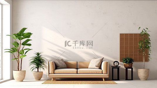 时尚的客厅，配有带纹理的白色墙壁和 3D 渲染的棕色沙发 d cor