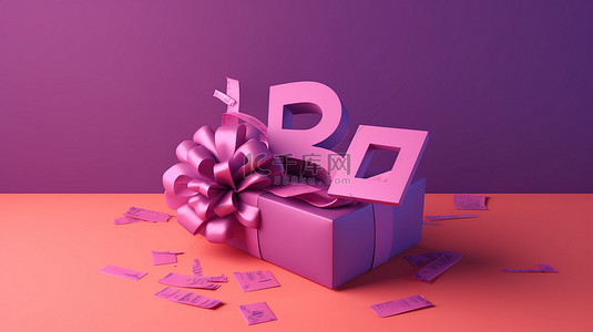 礼券背景图片_一份开放式礼物的 3D 渲染插图，带有礼券和紫色背景上的百分比符号