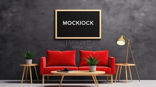 红色沙发和黑色咖啡桌与阳光照射的黑色墙壁上的模型海报框架和原始混凝土地板 3D 渲染场景相得益彰