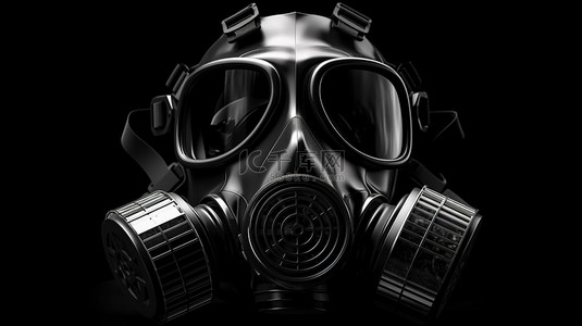 核危害背景图片_黑色背景上防毒面具的 3D 插图