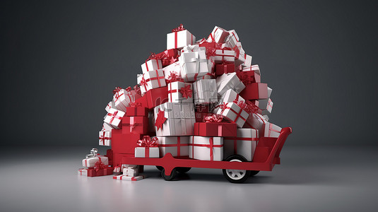 圣诞车背景图片_红色和白色托盘车装载着大量 3D 礼物