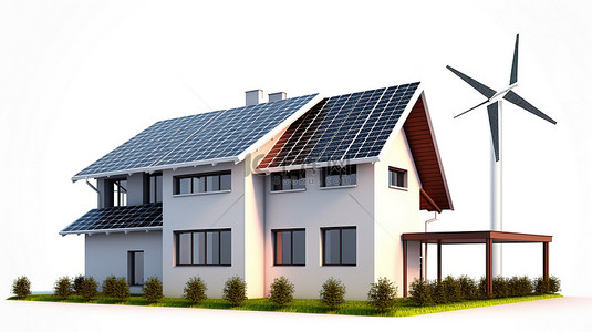 带有太阳能电池板和风力涡轮机的房屋的独立白色背景的 3D 插图
