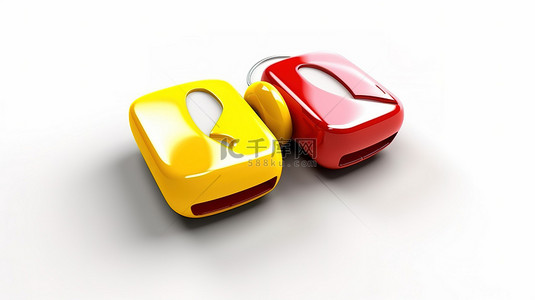 孤立的白色背景红色和黄色耳机图标在方形按钮键上以 3D 呈现