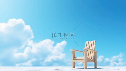 热带海水背景图片_椅子放在木制底座上，映衬着幸福的 3D 渲染夏季背景和清澈的蓝天