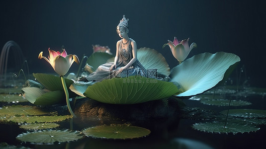 闪闪发光的荷叶上令人惊叹的仙女神奇自然的迷人 3D 插图