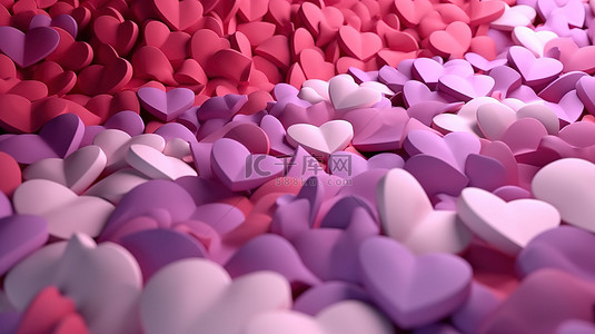 情人节抽象背景大心形排列的猩红色和淡紫色 3d 心