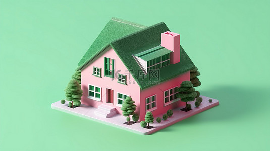 充满活力的粉红色背景上等距绿屋的 3D 渲染