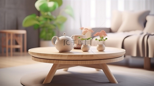 温馨居家背景图片_温馨的客厅 3D 渲染插图，配有木制家具和桌面花瓶