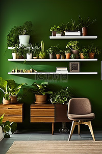 盆栽绿色背景图片_配有木制家具和盆栽植物的绿色墙壁