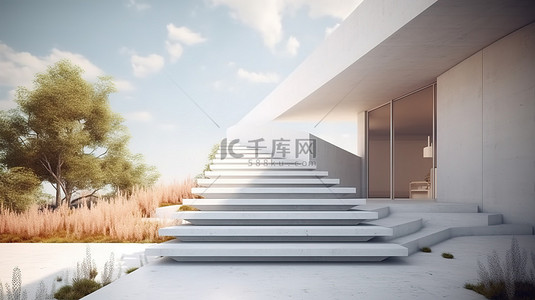 当代简约住宅，拥有风景优美的环境走道和 3D 渲染楼梯