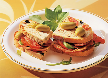 甜点背景图片_两个三明治放在盘子上，上面有橄榄