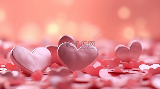 浪漫的粉红心特写，3D 插图中的豪华柔和婚礼背景