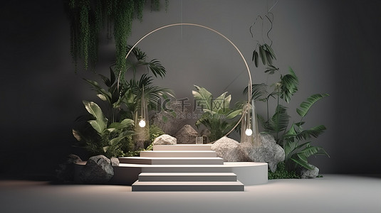 壁挂式产品展示，具有 3D 渲染抽象平台和植物讲台