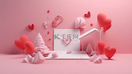 恋爱的边框背景图片_3d 渲染中的情人节卡通情书框架