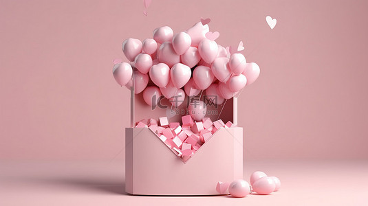 气球情书背景图片_3D 渲染一个未包装的粉色礼品盒，里面装满了心形气球和情书，非常适合复制空间