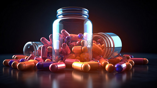 在医疗保健背景下从医疗瓶中溢出 3D 胶囊和药丸