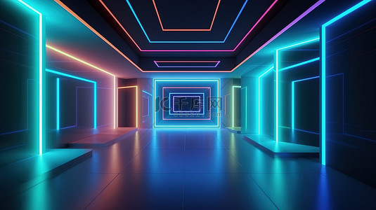 当代室内设计 3D 渲染与未来派建筑和霓虹灯照明为您的项目