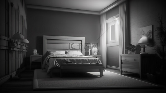 3D 卧室插图，配有舒适的床学习桌时尚的窗户和经典的门
