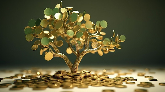 商业概念金币和树的 3D 渲染