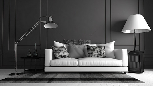 地毯地板背景图片_现代单色设计艺术灯和纹理地毯上的时尚沙发 3D 渲染
