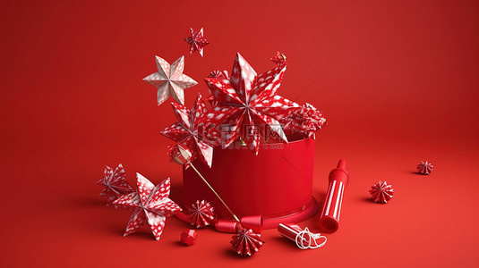 3d 插图红色背景与星星雪花礼品锥和节日玩具