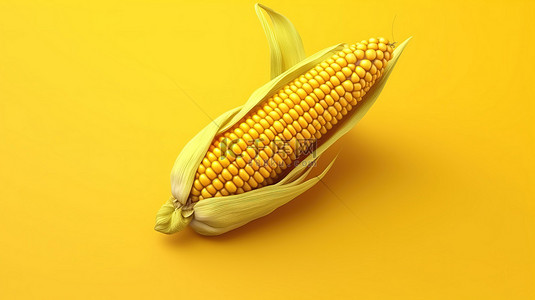 黄色简约食品背景图片_充满活力的黄色背景上卡通玉米的简约 3D 渲染