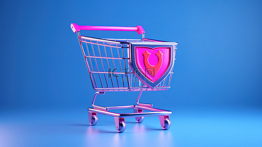 消费者背景图片_屏蔽购物双色调粉色购物车，带有金属屏蔽，用于蓝色背景上的消费者保护3D 渲染