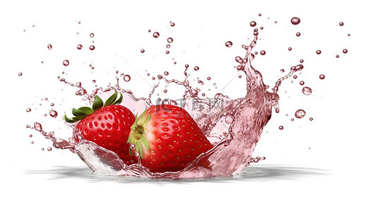 充满活力的 3D 插图红草莓在干净的白色背景上爆裂