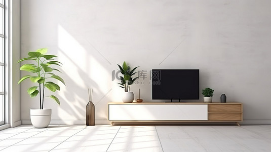 现代边柜背景图片_白色墙壁简约客厅的 3D 渲染，配有电视柜边桌和郁郁葱葱的绿色植物