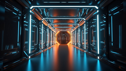 科技感蓝色背景背景图片_具有浅蓝色和橙色霓虹灯 3d 渲染的未来金属走廊
