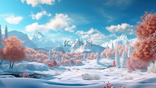 冬季仙境令人惊叹的雪山和森林特写 3D 插图
