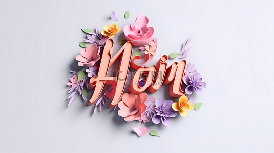禮物標誌背景图片_快乐的母亲节 3D 版式，白色背景上装饰着花朵