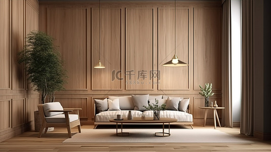 室内场景和框架模型 3D 渲染木墙装饰客厅的插图