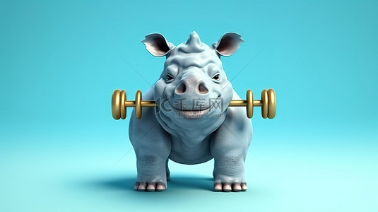 3D 艺术品中带有哑铃的活泼犀牛