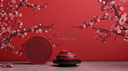 传统中国风格背景下的红色中国潘和樱花的 3D 渲染，用于产品展示