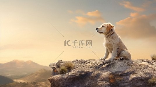 山景晚霞背景图片_令人惊叹的 3D 渲染中的狗栖息在山顶