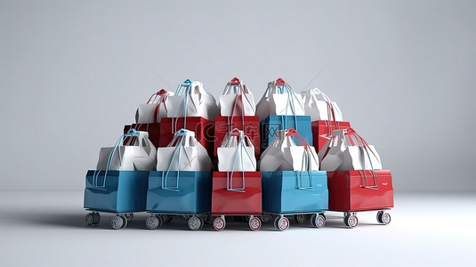 带轮子的包背景图片_三个带轮子的彩色购物袋 3D 渲染