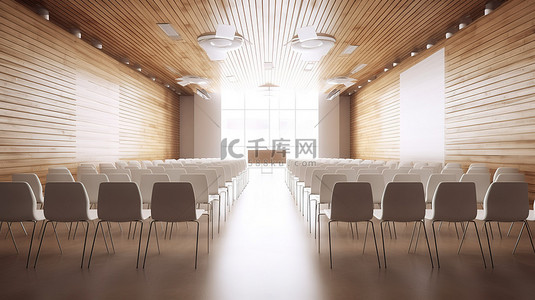 木墙和白色椅子的创新学校礼堂 3D 渲染