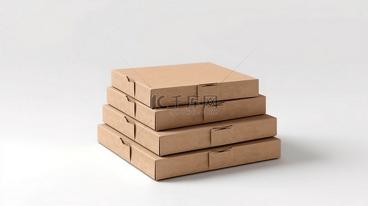 白色背景中以 3d 形式呈现的用硬纸板制成的空白披萨盒堆积起来