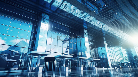 突出的背景图片_现代机场航站楼的 3D 插图，带有突出的摩天大楼标志