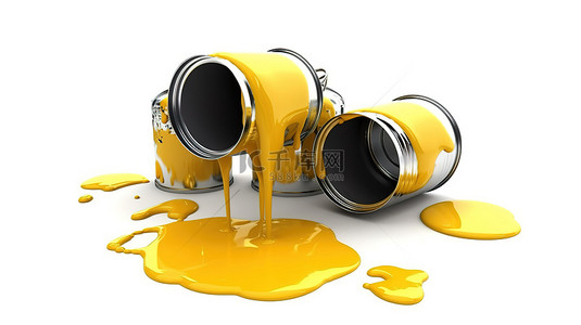 金洒背景图片_白色背景与金属罐和黄色油漆溢出的 3D 插图