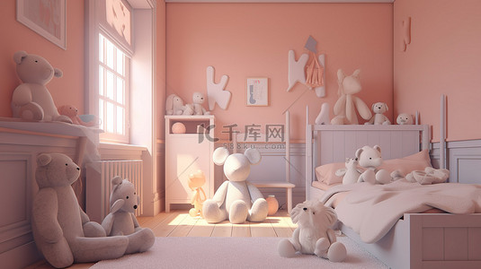 大型毛绒动物装饰儿童的 3D 渲染卧室