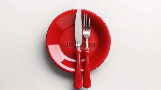 单色红色餐具设置与白色背景上的 3d 图标